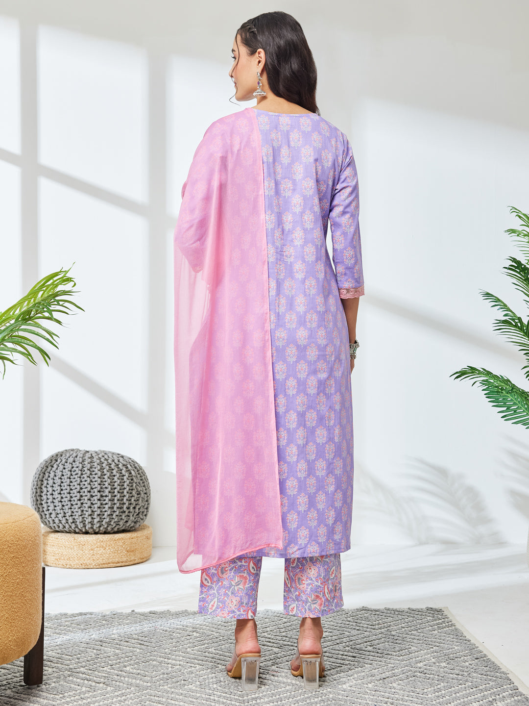 Janasya Women's Lavender Pure Cotton Floral Printed Straight Kurta Set