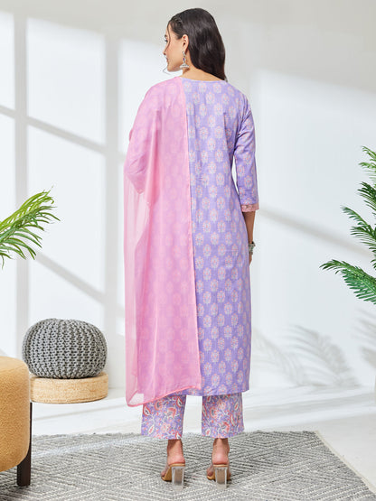 Janasya Women's Lavender Pure Cotton Floral Printed Straight Kurta Set
