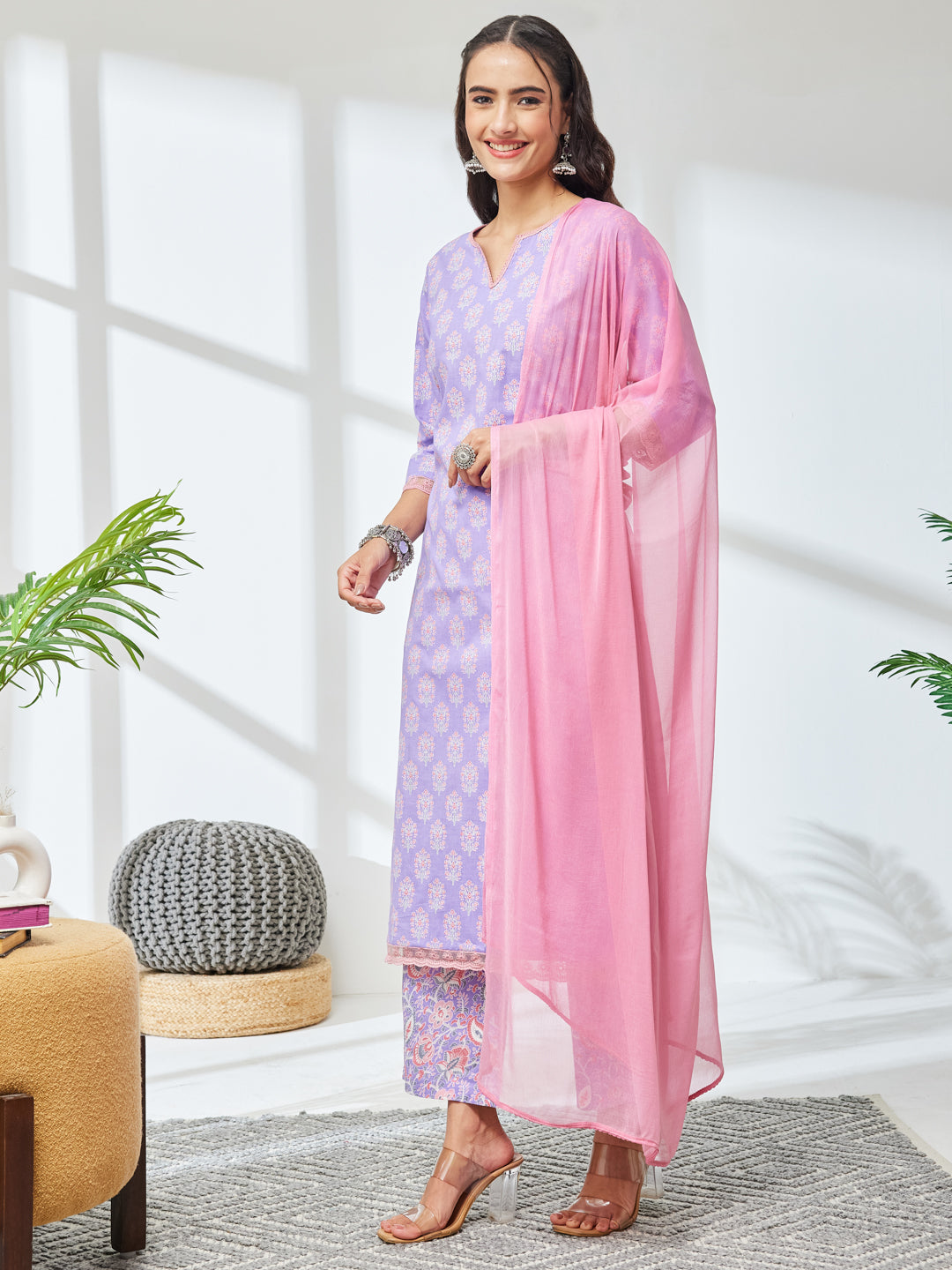Janasya Women's Lavender Pure Cotton Floral Printed Straight Kurta Set
