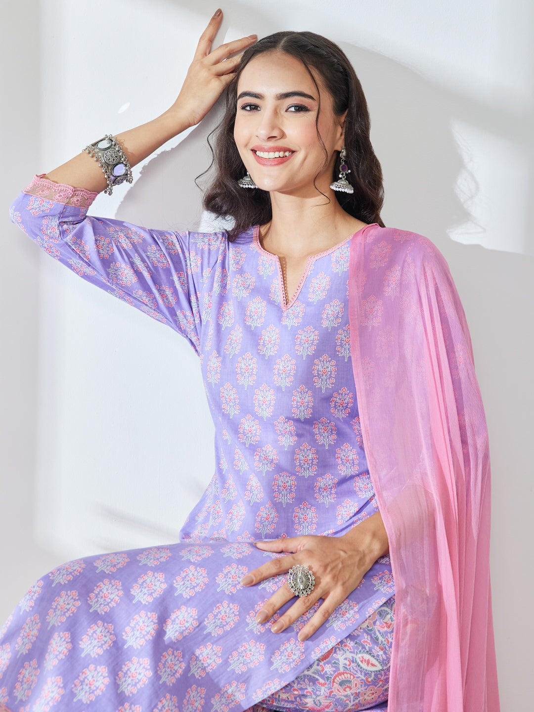 Janasya Women's Lavender Pure Cotton Floral Printed Straight Kurta Set