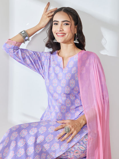 Janasya Women's Lavender Pure Cotton Floral Printed Straight Kurta Set