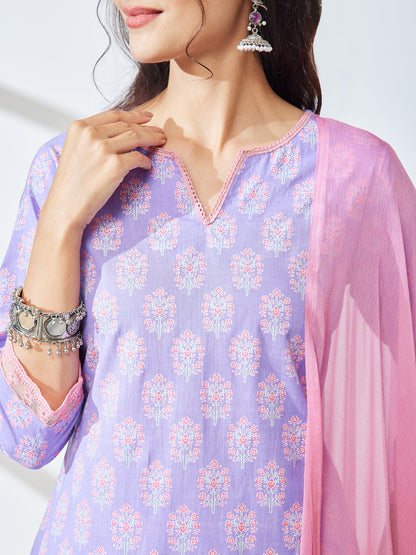 Janasya Women's Lavender Pure Cotton Floral Printed Straight Kurta Set