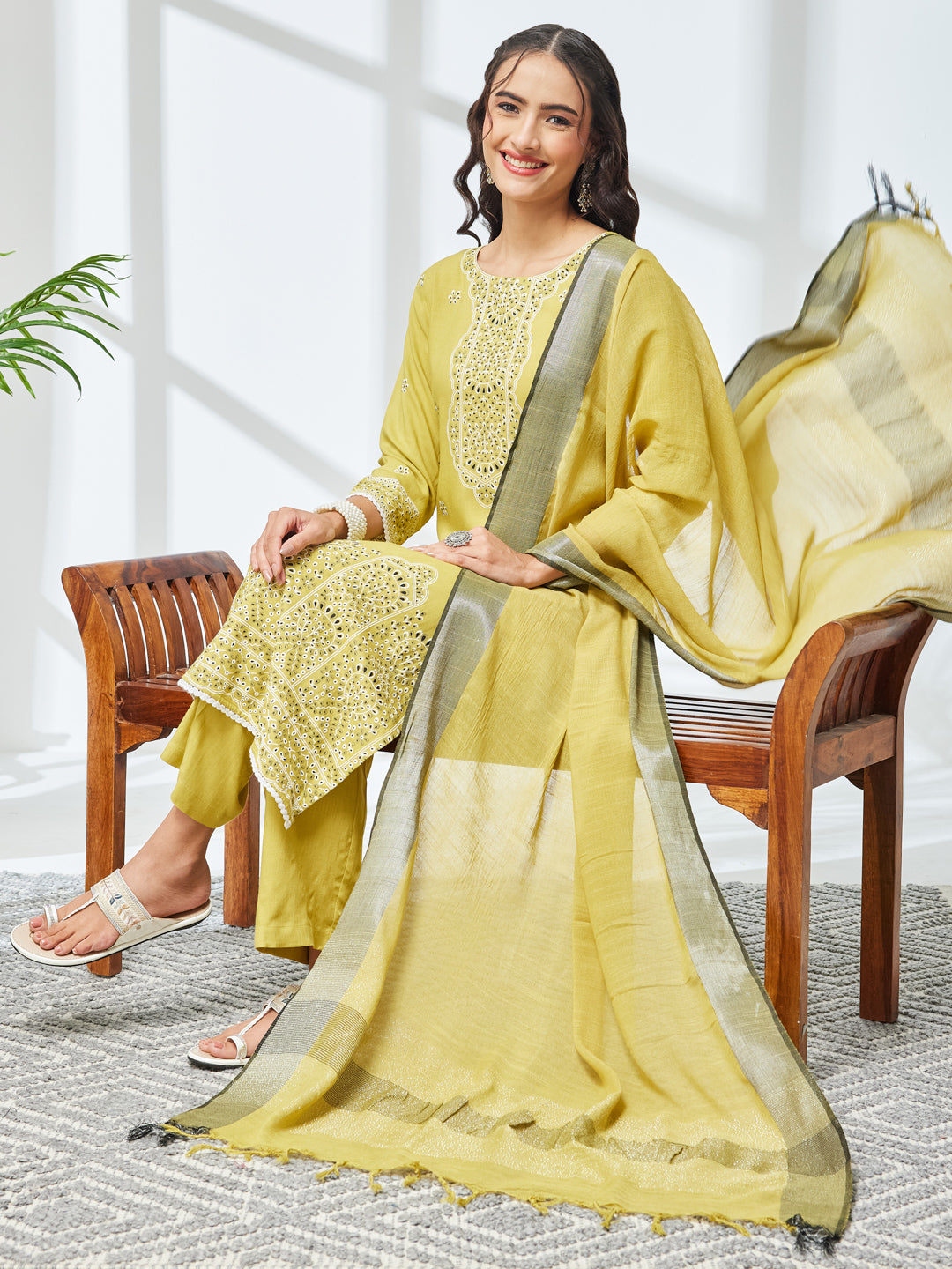 Janasya Women's Olive Rayon Floral Printed Straight Kurta Set