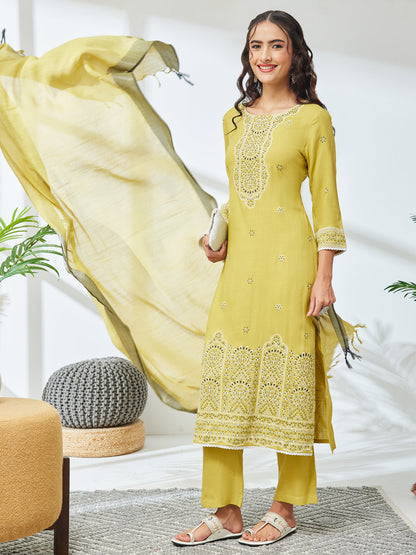 Janasya Women's Olive Rayon Floral Printed Straight Kurta Set
