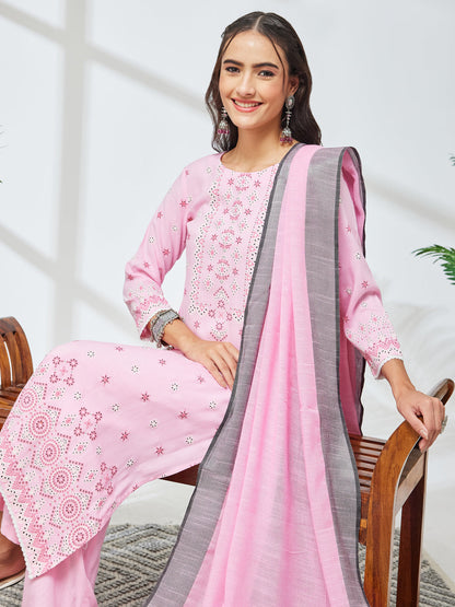 Janasya Women's Pink Rayon Floral Printed Straight Kurta Set