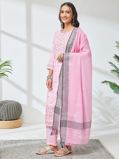 Janasya Women's Pink Rayon Floral Printed Straight Kurta Set