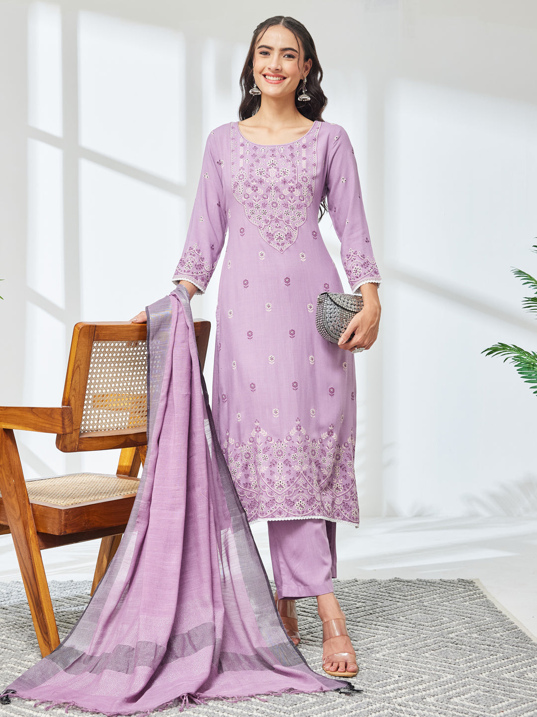 Janasya Women's Lavender Rayon Floral Printed Straight Kurta Set