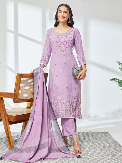 Janasya Women's Lavender Rayon Floral Printed Straight Kurta Set