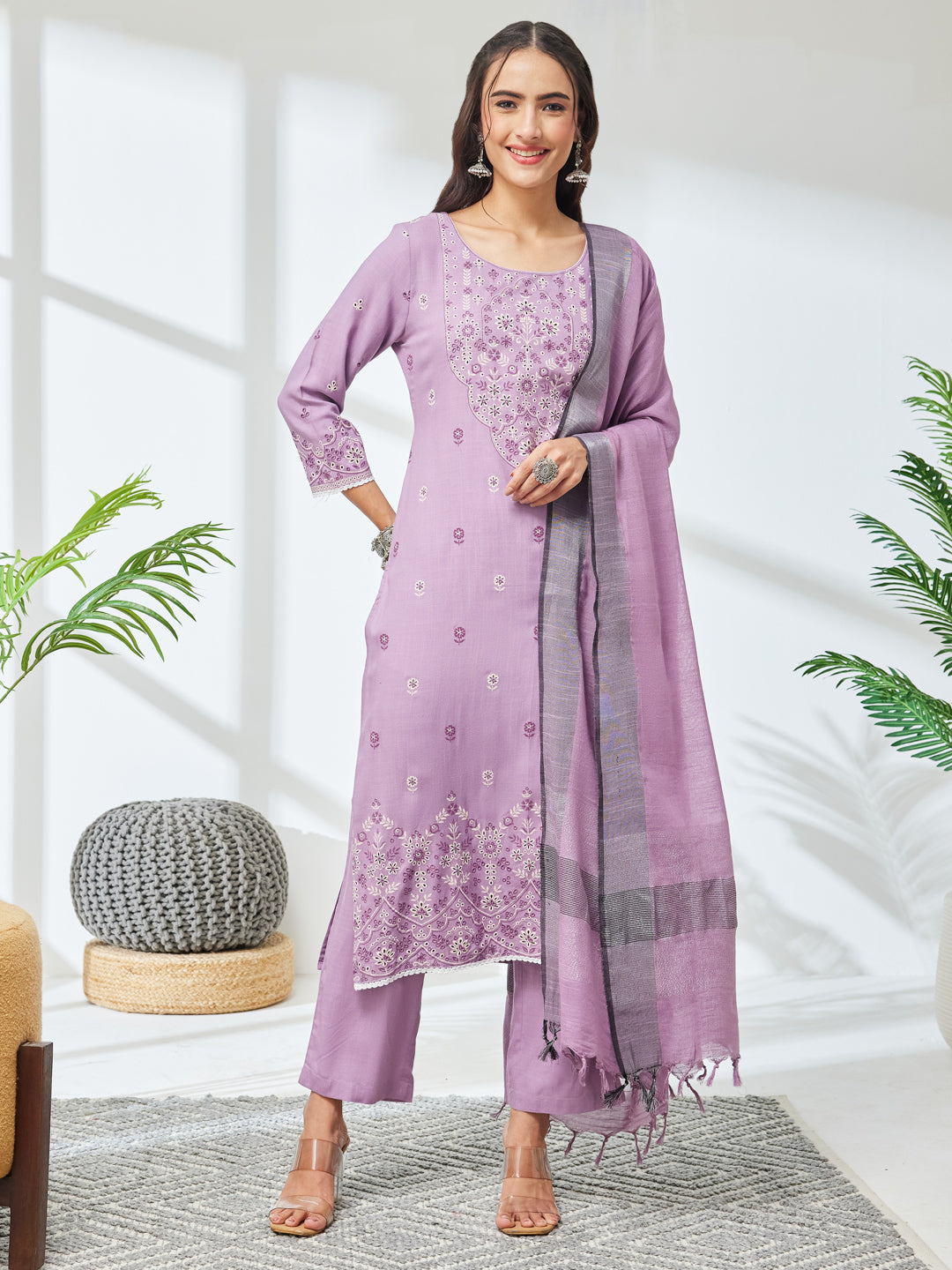 Janasya Women's Lavender Rayon Floral Printed Straight Kurta Set
