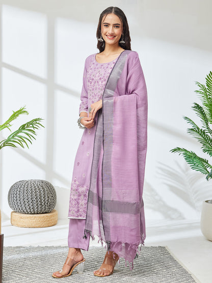 Janasya Women's Lavender Rayon Floral Printed Straight Kurta Set