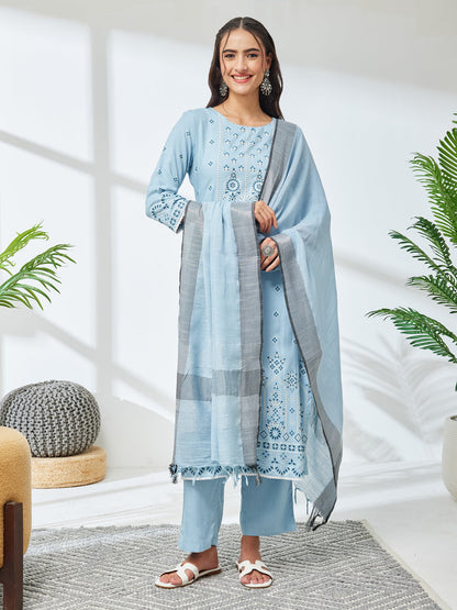 Janasya Women's Sky Blue Rayon Floral Printed Straight Kurta Set