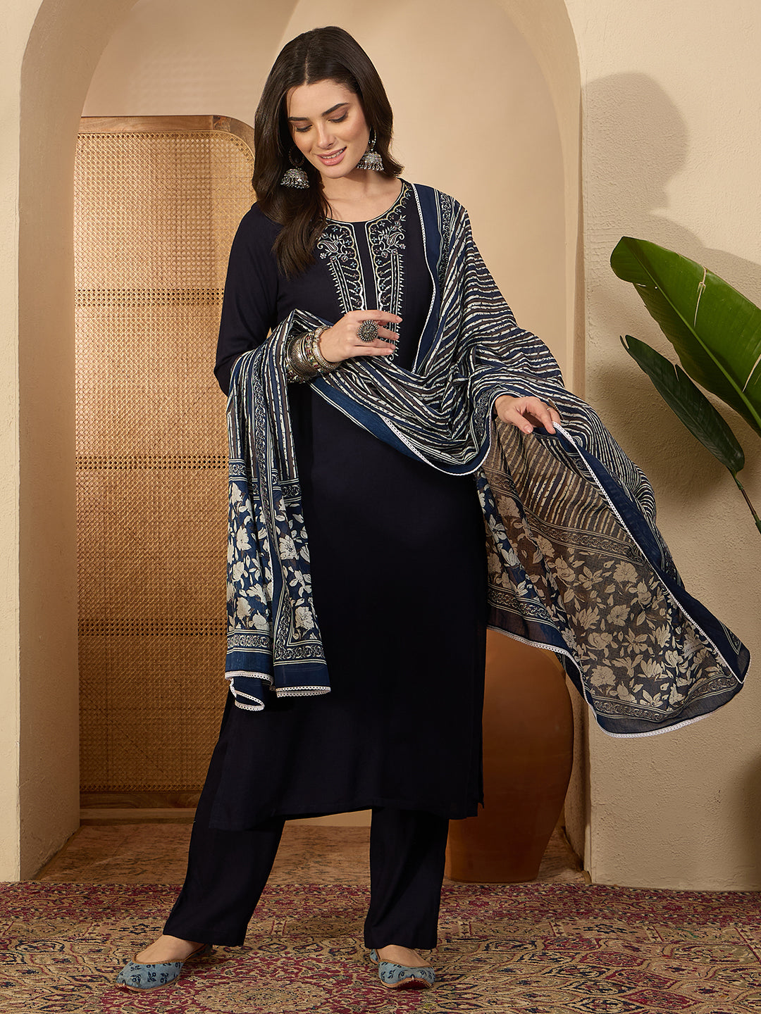 Janasya Women's Navy Blue Rayon Yoke Embroidererd Straight Kurta Set with Printed Dupatta
