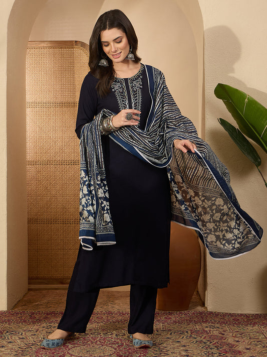 Janasya Women's Navy Blue Rayon Yoke Embroidererd Straight Kurta Set with Printed Dupatta