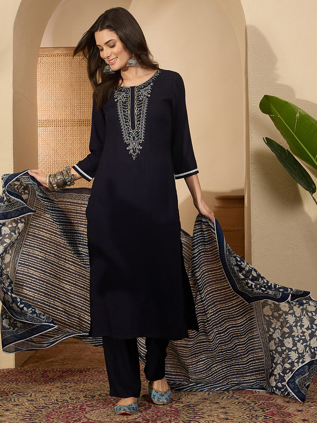 Janasya Women's Navy Blue Rayon Yoke Embroidererd Straight Kurta Set with Printed Dupatta
