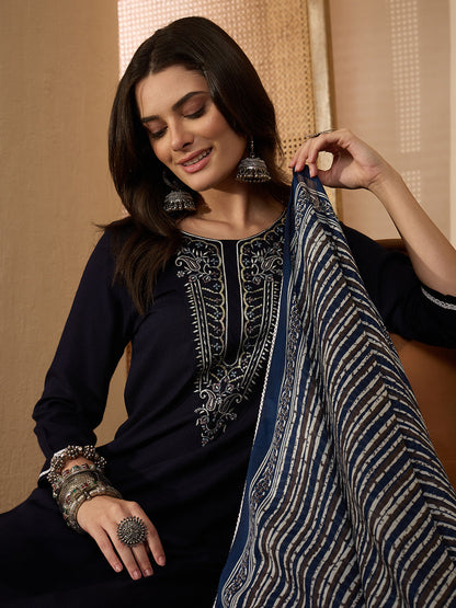 Janasya Women's Navy Blue Rayon Yoke Embroidererd Straight Kurta Set with Printed Dupatta