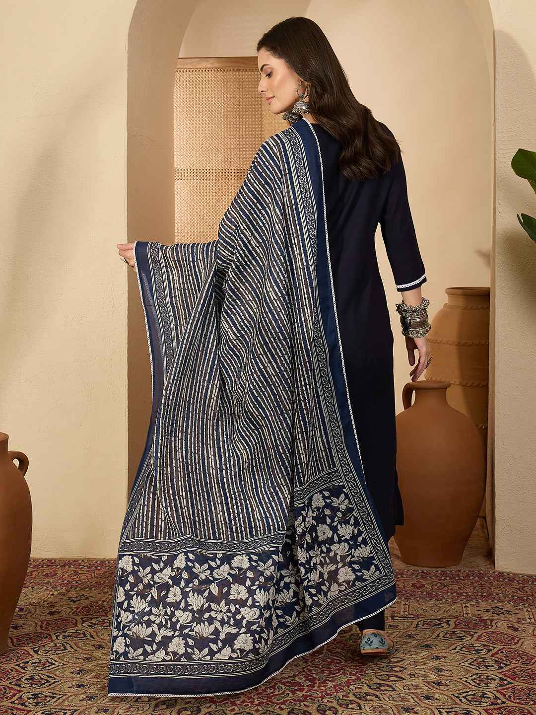 Janasya Women's Navy Blue Rayon Yoke Embroidererd Straight Kurta Set with Printed Dupatta