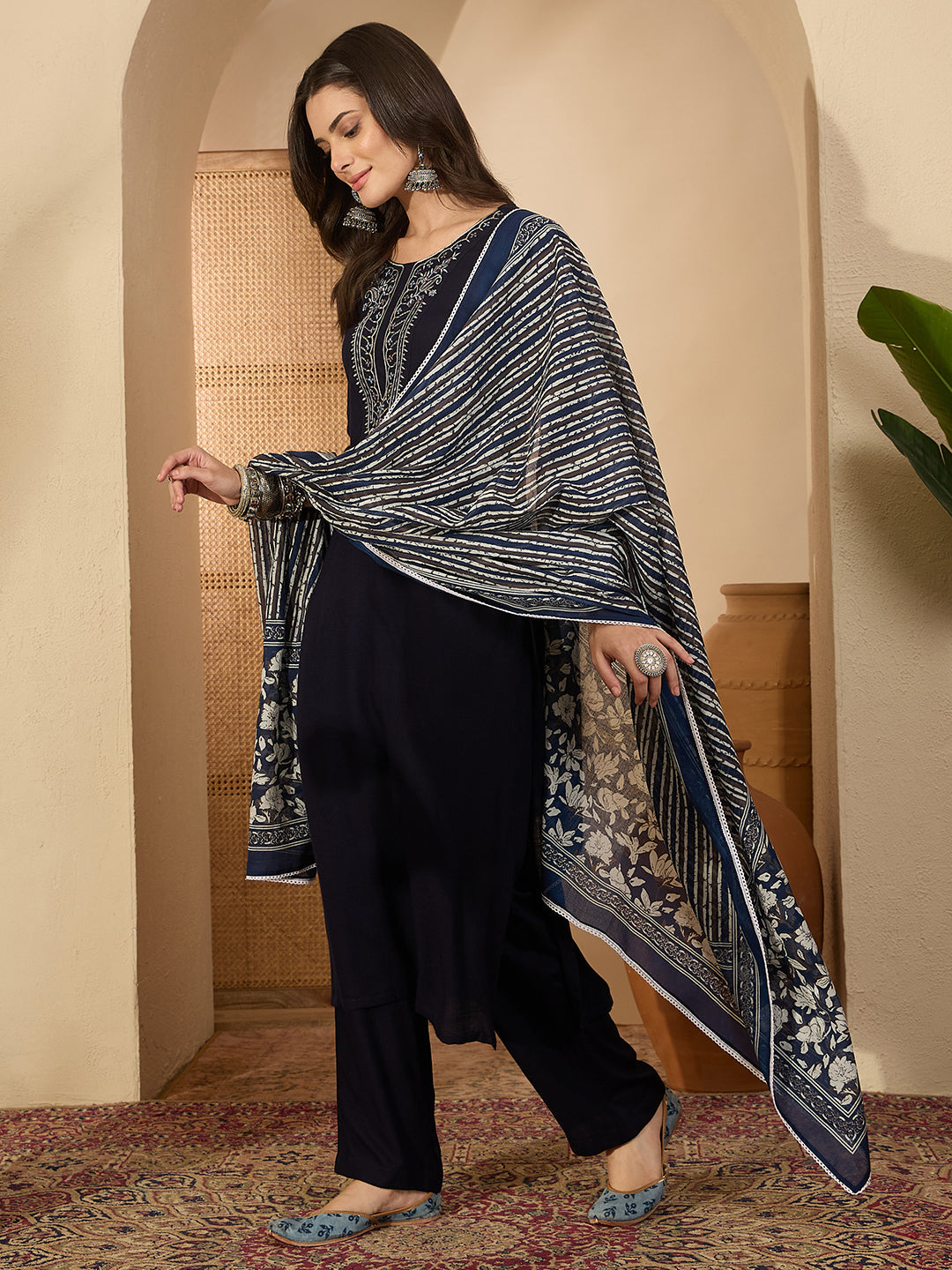 Janasya Women's Navy Blue Rayon Yoke Embroidererd Straight Kurta Set with Printed Dupatta