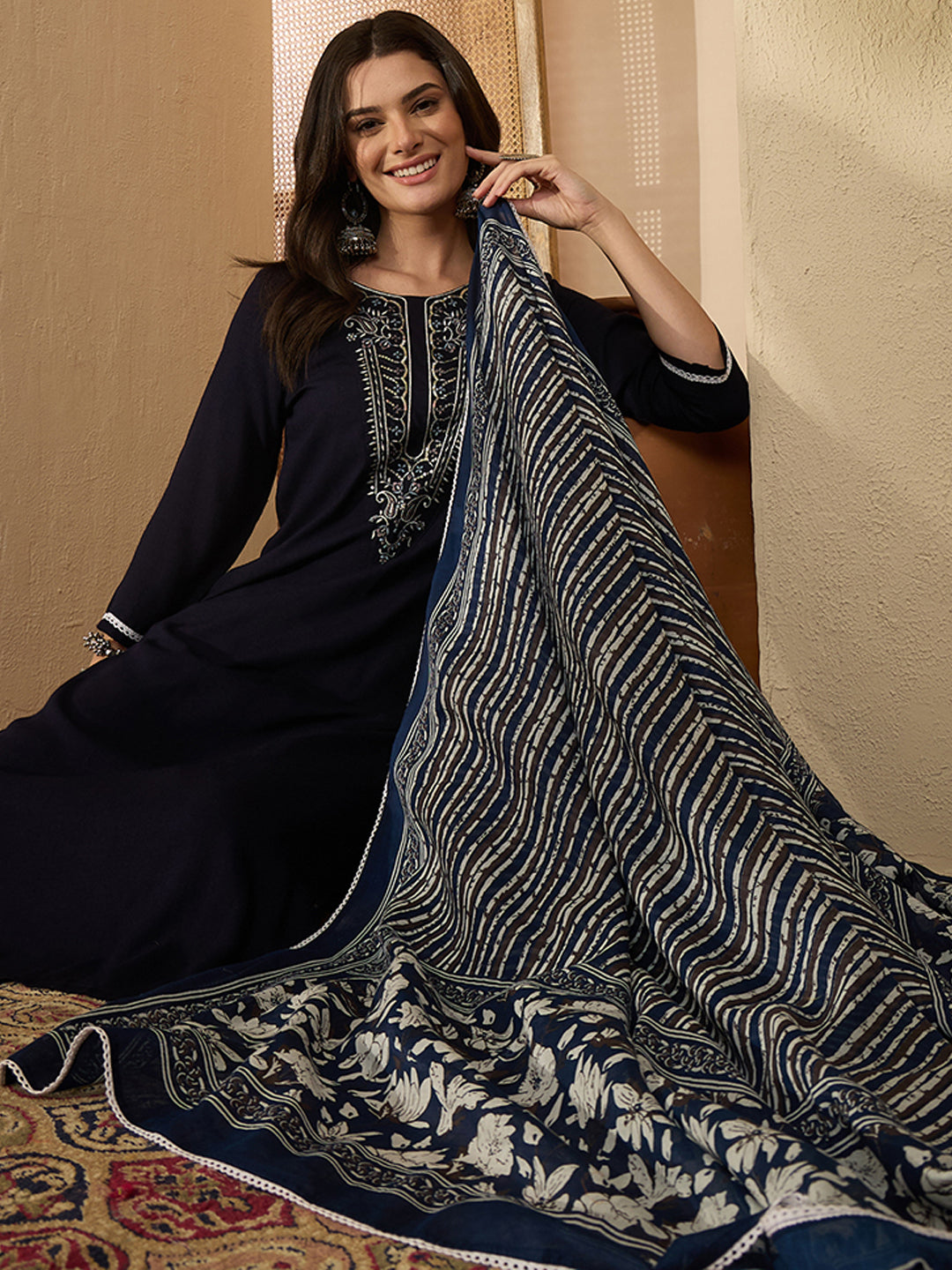 Janasya Women's Navy Blue Rayon Yoke Embroidererd Straight Kurta Set with Printed Dupatta