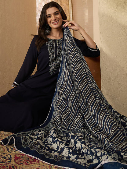 Janasya Women's Navy Blue Rayon Yoke Embroidererd Straight Kurta Set with Printed Dupatta