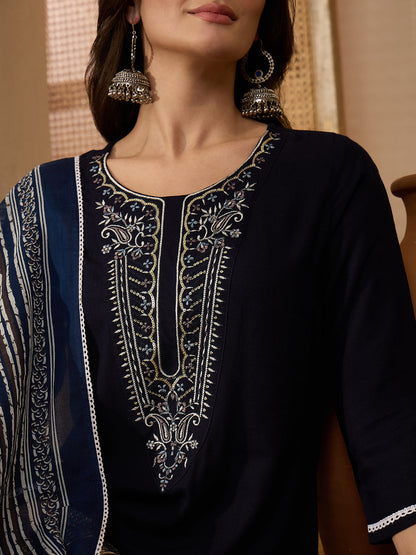 Janasya Women's Navy Blue Rayon Yoke Embroidererd Straight Kurta Set with Printed Dupatta