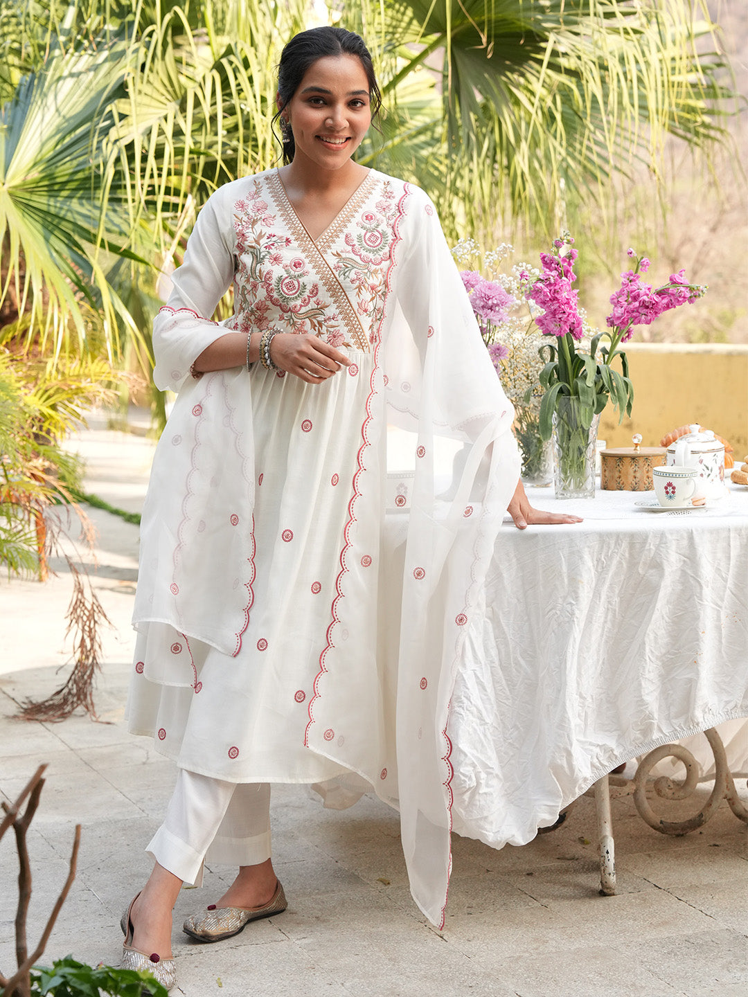 Janasya Women's Off White Chanderi Silk Floral Embroidered A-Line Kurta Set with Embroidered Dupatta