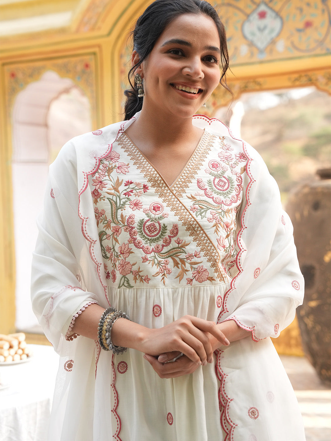Janasya Women's Off White Chanderi Silk Floral Embroidered A-Line Kurta Set with Embroidered Dupatta