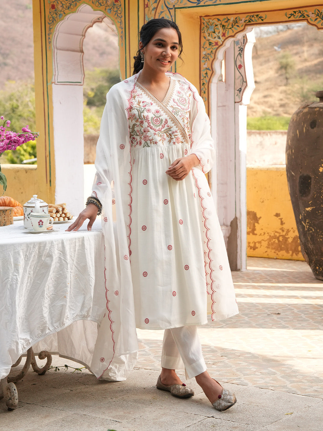 Janasya Women's Off White Chanderi Silk Floral Embroidered A-Line Kurta Set with Embroidered Dupatta