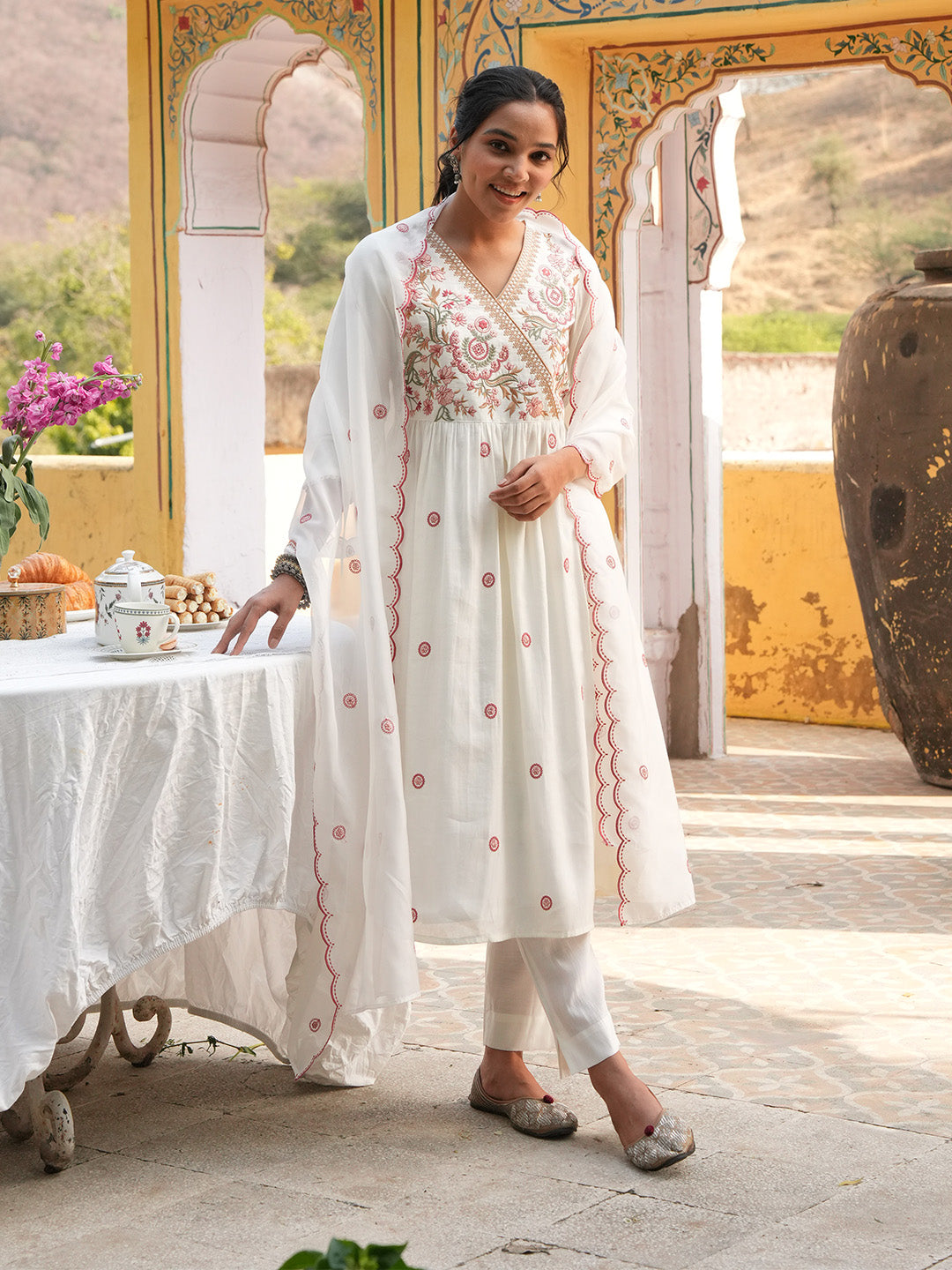 Janasya Women's Off White Chanderi Silk Floral Embroidered A-Line Kurta Set with Embroidered Dupatta