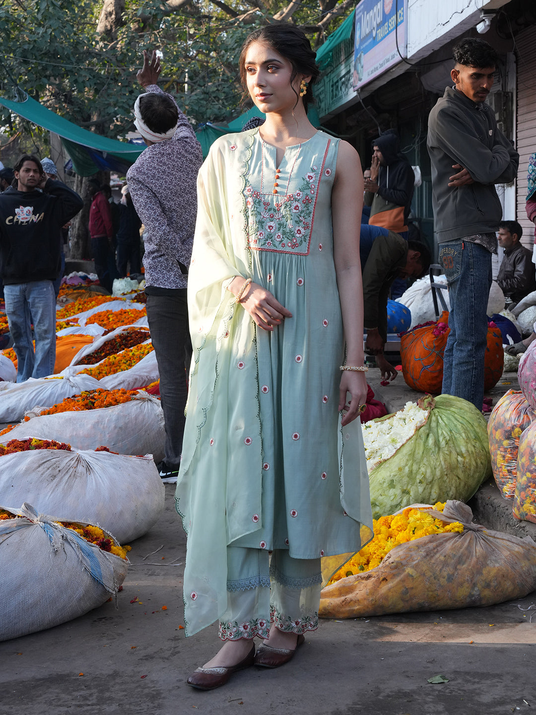 Janasya Women's Mint Green Chanderi Silk Floral Embroidered A-Line Kurta Set
