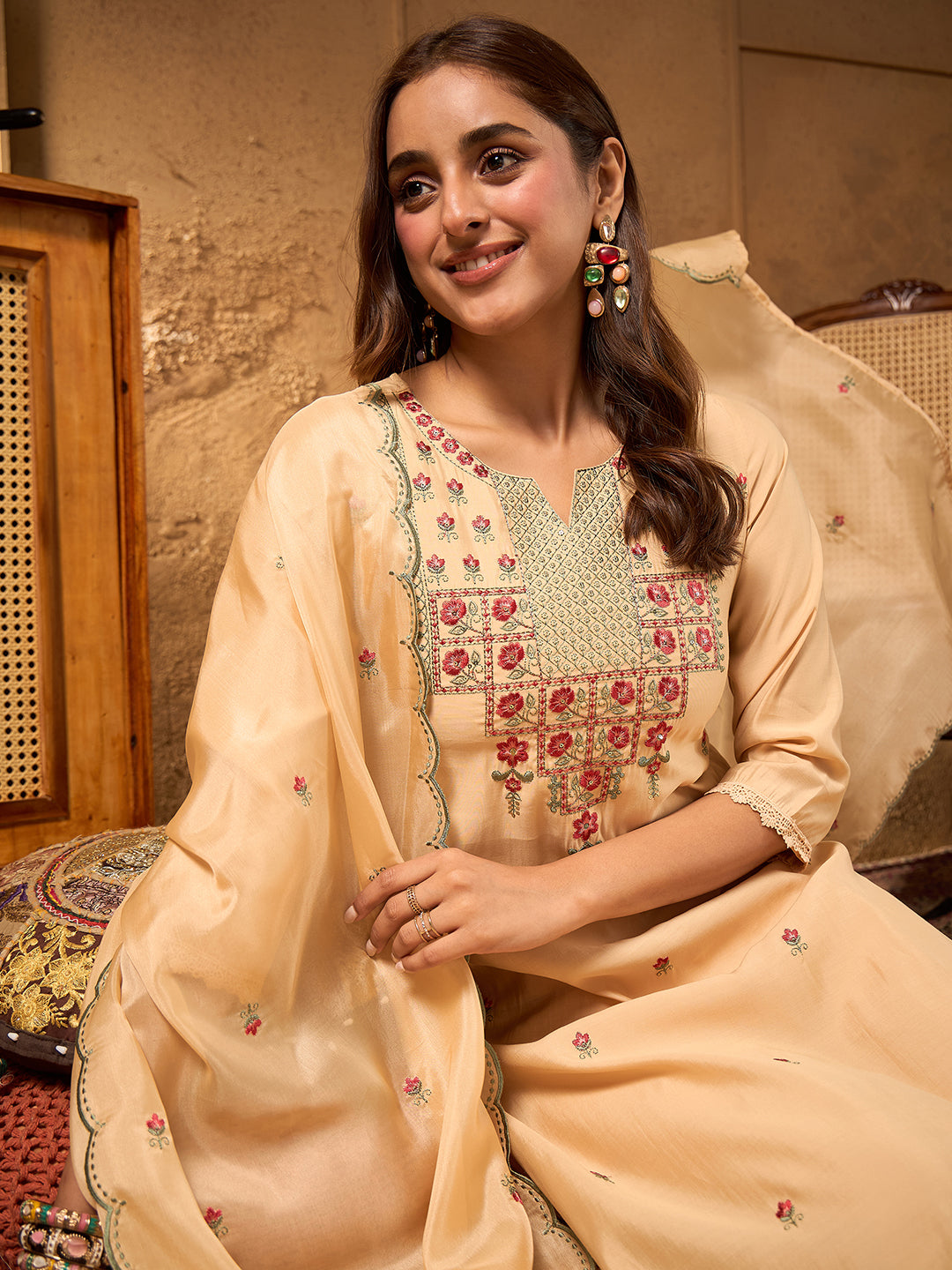 Janasya Women's Beige Chanderi Silk Floral Embroidered Straight Kurta Set