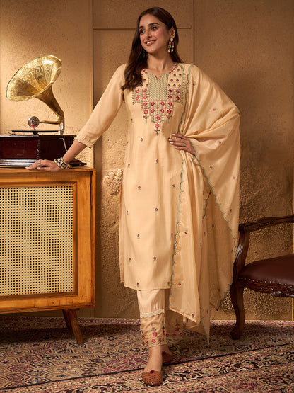 Janasya Women's Beige Chanderi Silk Floral Embroidered Straight Kurta Set