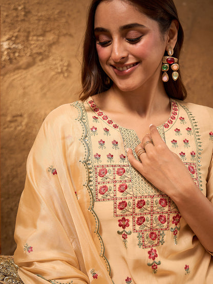 Janasya Women's Beige Chanderi Silk Floral Embroidered Straight Kurta Set