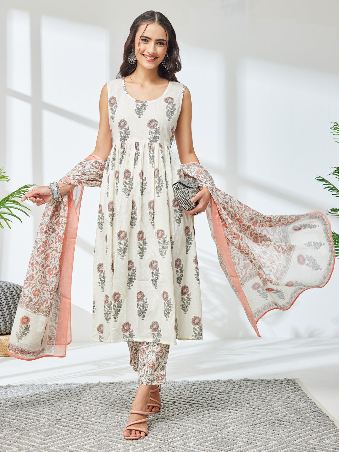 Janasya Women's Off White Pure Cotton Floral Printed A-Line Kurta Set