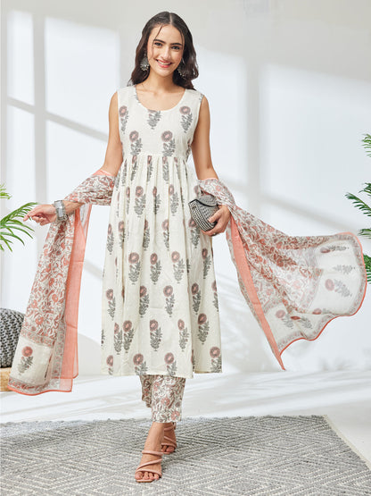 Janasya Women's Off White Pure Cotton Floral Printed A-Line Kurta Set