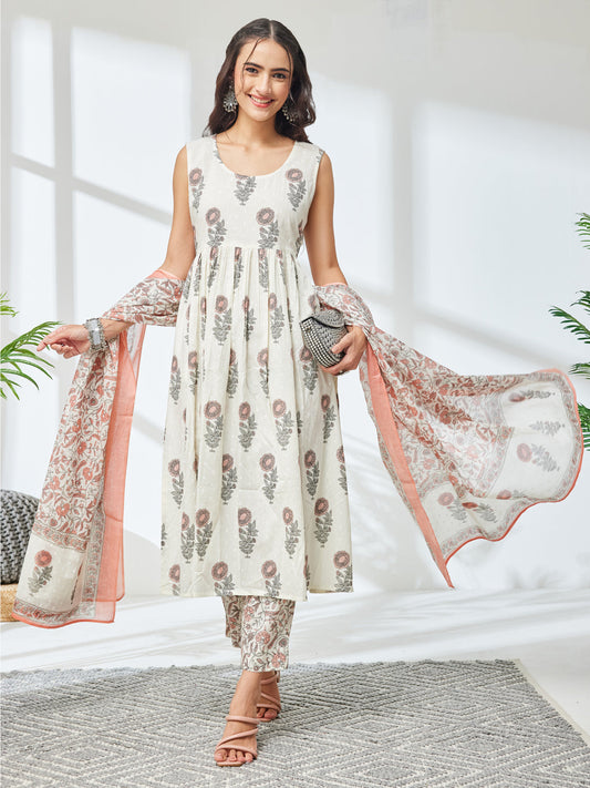 Janasya Women's Off White Pure Cotton Floral Printed A-Line Kurta Set