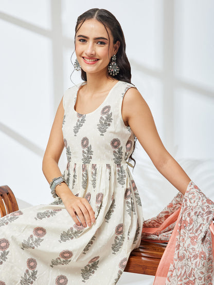 Janasya Women's Off White Pure Cotton Floral Printed A-Line Kurta Set