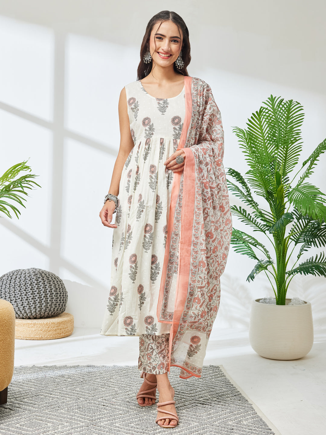 Janasya Women's Off White Pure Cotton Floral Printed A-Line Kurta Set