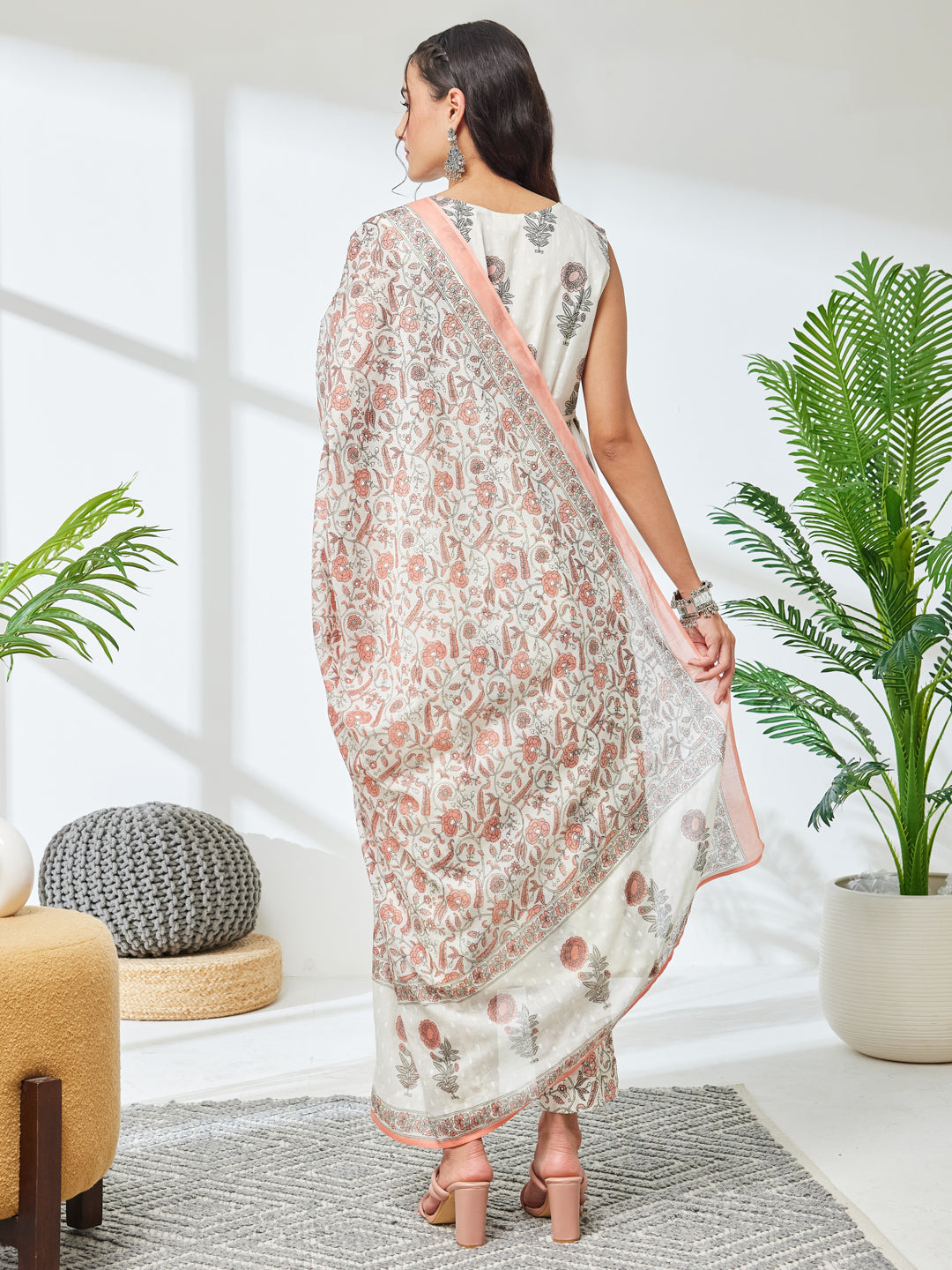 Janasya Women's Off White Pure Cotton Floral Printed A-Line Kurta Set