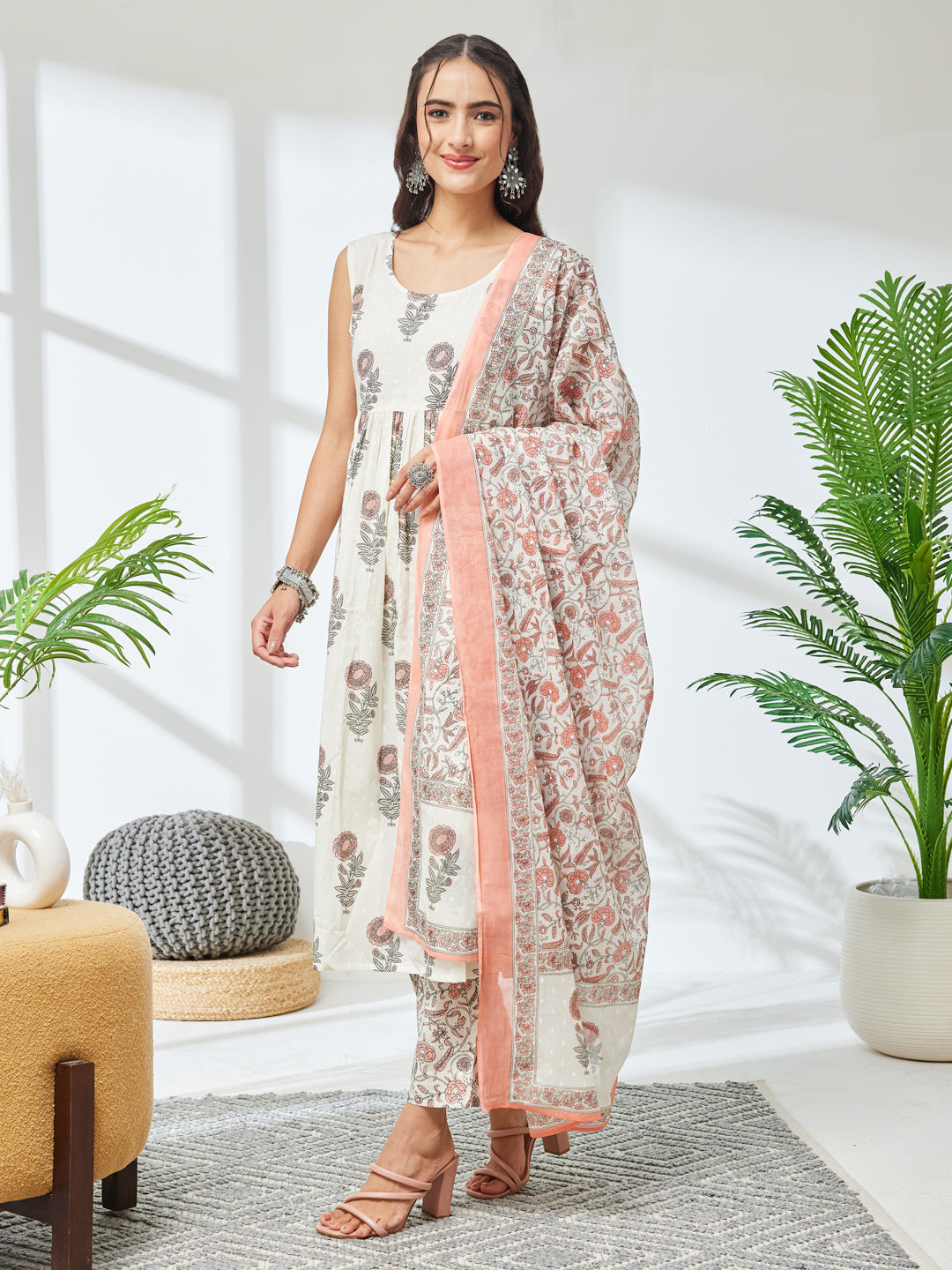 Janasya Women's Off White Pure Cotton Floral Printed A-Line Kurta Set