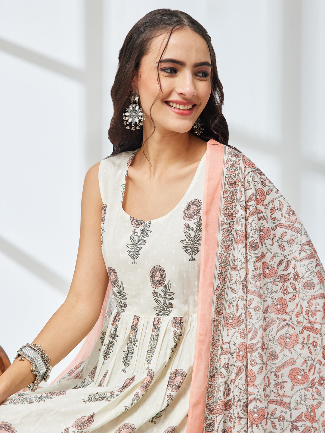 Janasya Women's Off White Pure Cotton Floral Printed A-Line Kurta Set