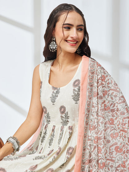 Janasya Women's Off White Pure Cotton Floral Printed A-Line Kurta Set