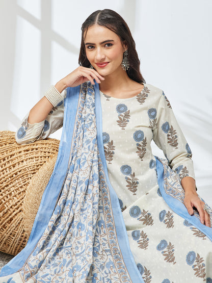 Janasya Women's Off White Pure Cotton Floral Printed Straight Kurta Set