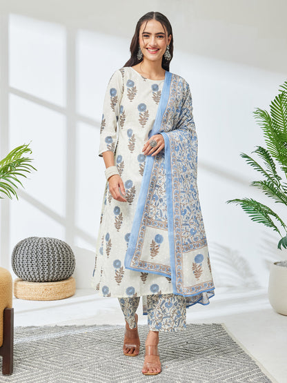 Janasya Women's Off White Pure Cotton Floral Printed Straight Kurta Set