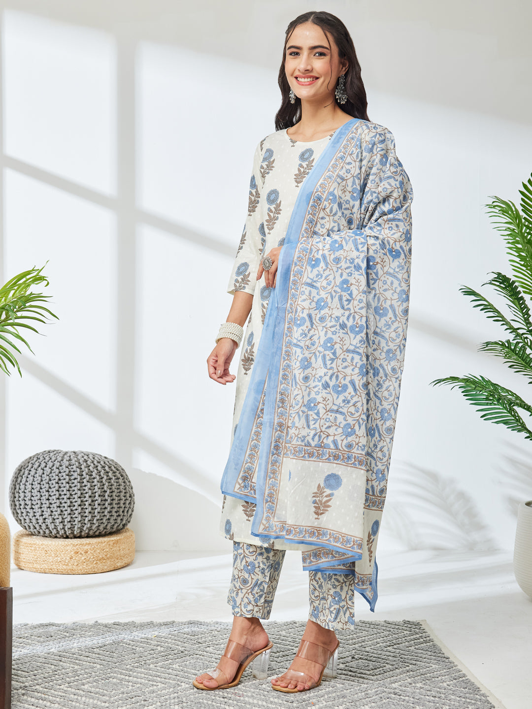 Janasya Women's Off White Pure Cotton Floral Printed Straight Kurta Set