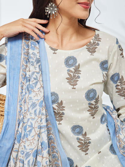 Janasya Women's Off White Pure Cotton Floral Printed Straight Kurta Set