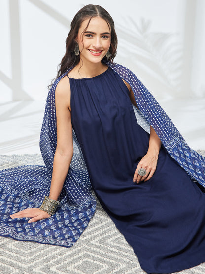 Janasya Women's Navy Blue Rayon Solid A-Line Kurta Set with Printed Dupatta