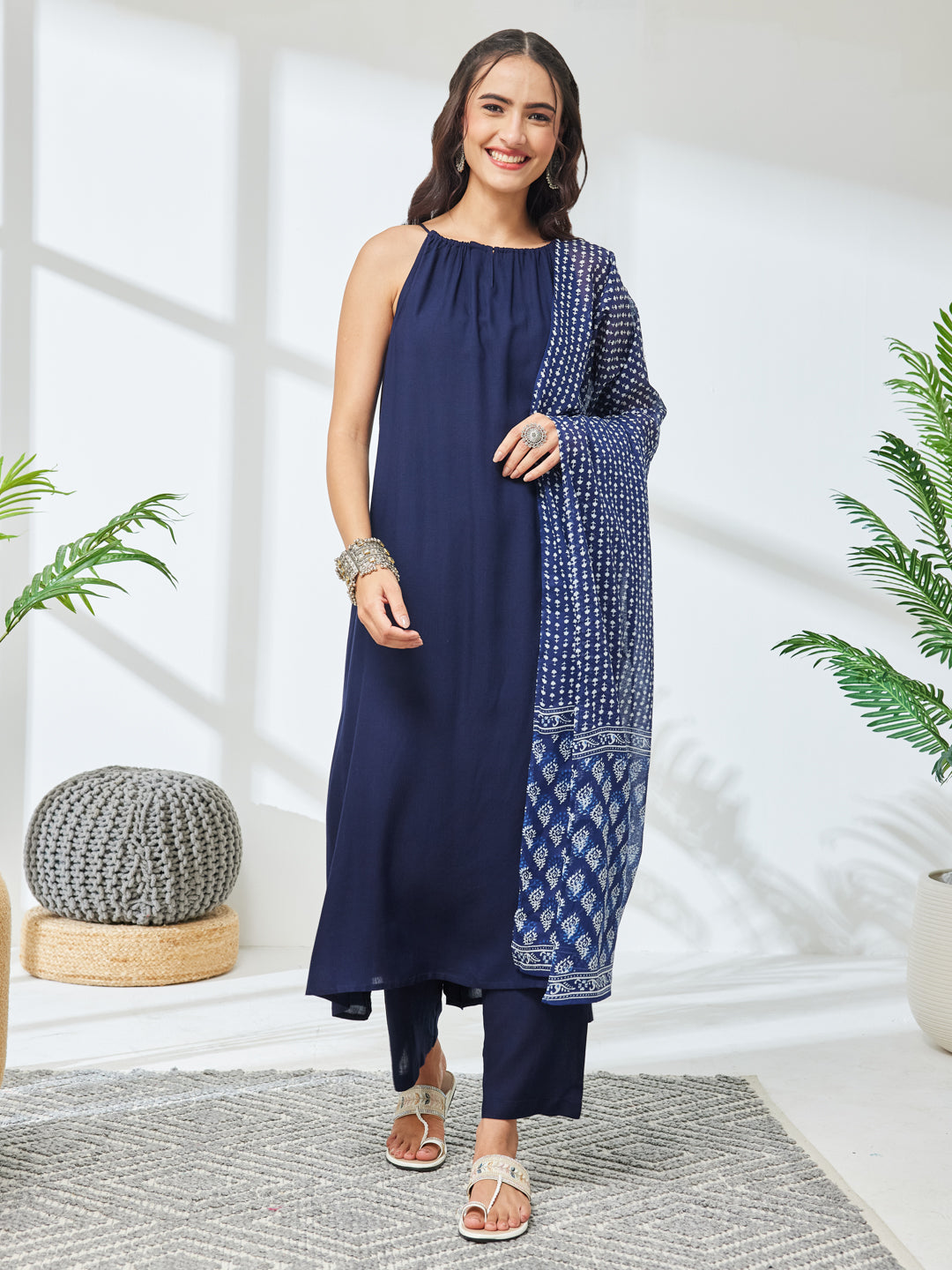 Janasya Women's Navy Blue Rayon Solid A-Line Kurta Set with Printed Dupatta