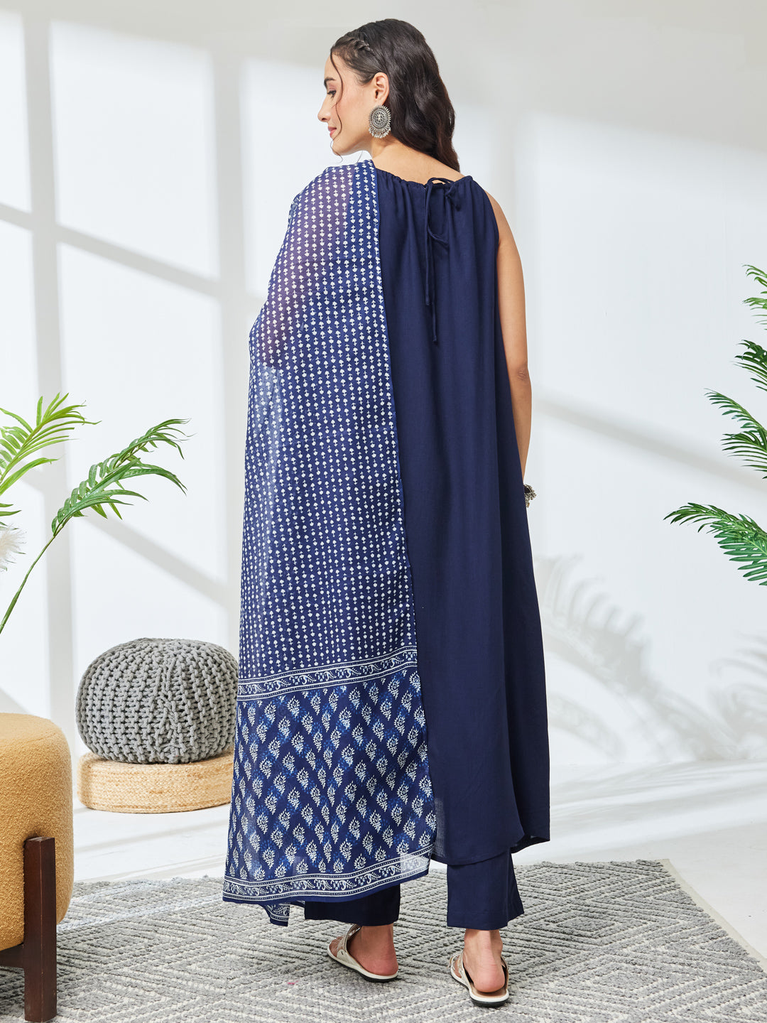 Janasya Women's Navy Blue Rayon Solid A-Line Kurta Set with Printed Dupatta