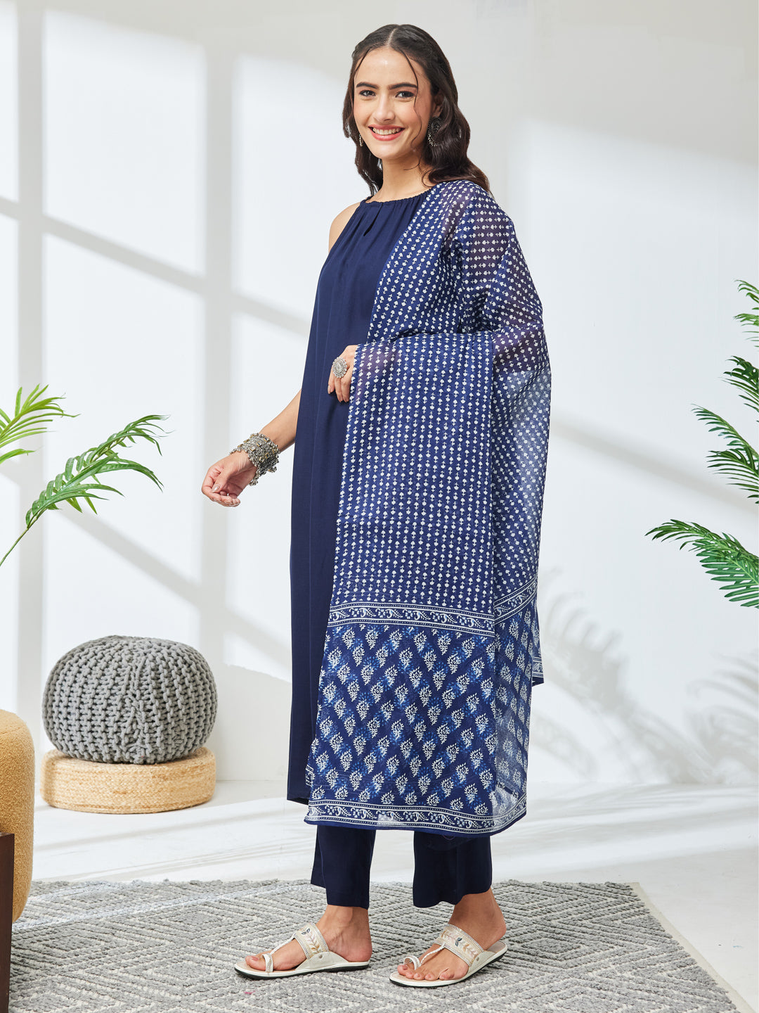Janasya Women's Navy Blue Rayon Solid A-Line Kurta Set with Printed Dupatta