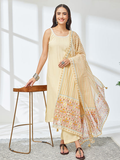 Janasya Women's Cream Rayon Solid Straight Kurta Set with Printed Dupatta